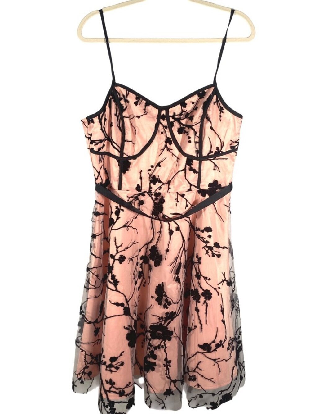 Floral A-Line party Dress Spaghetti Straps Sheer Pink & Black velvet appliqué